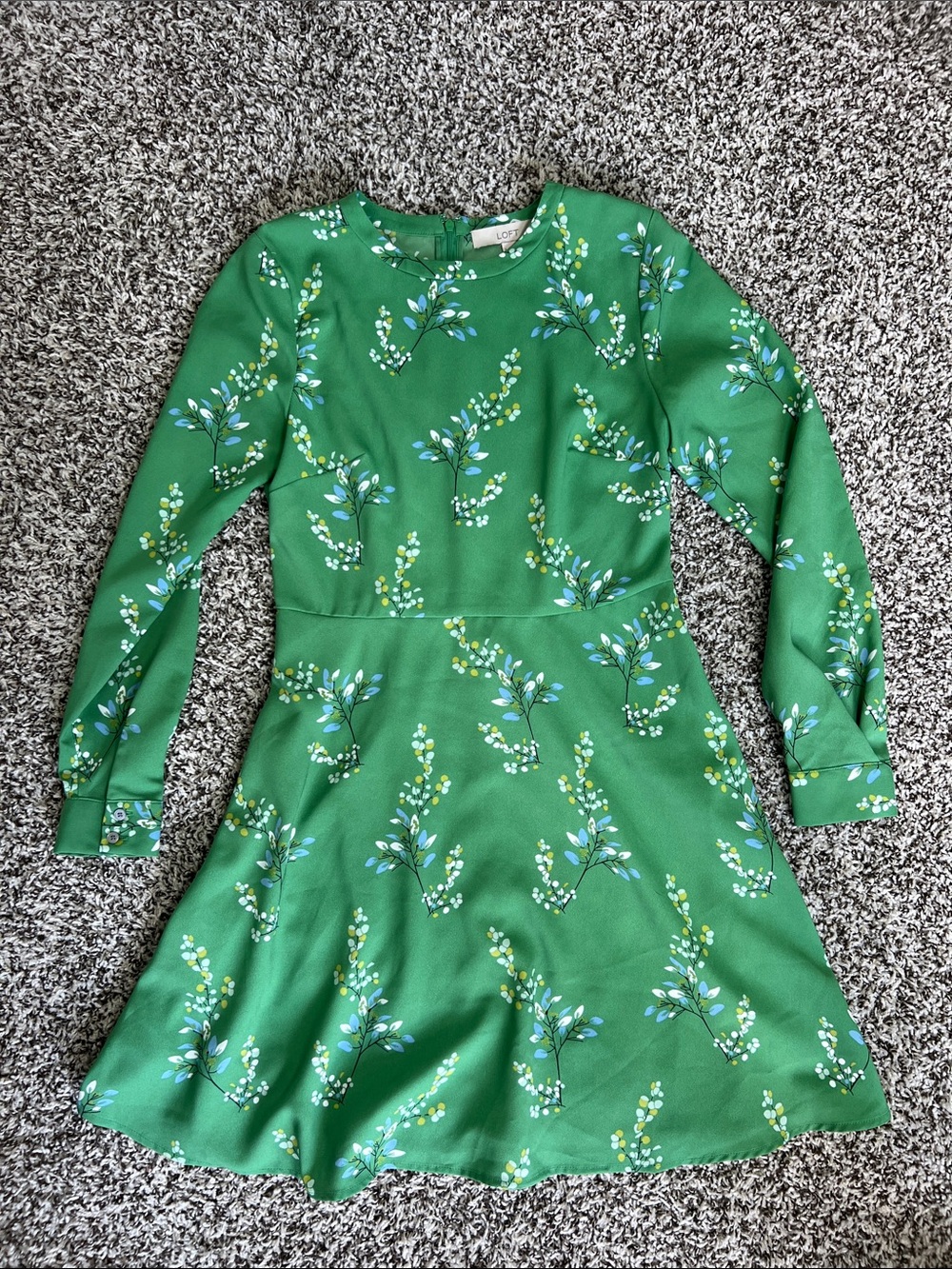 LOFT Green Floral Branch Flare Dress